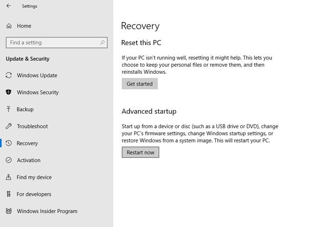 کلیک روی Restart Now برای دسترسی به تنظیمات UEFI