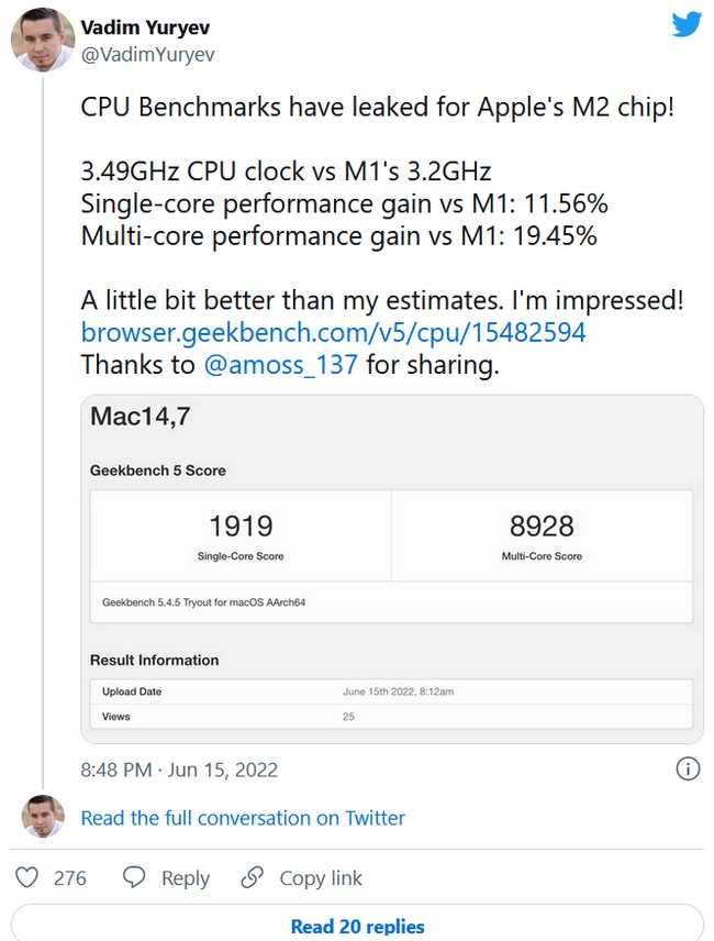 بنچمارک چیپست M2 اپل