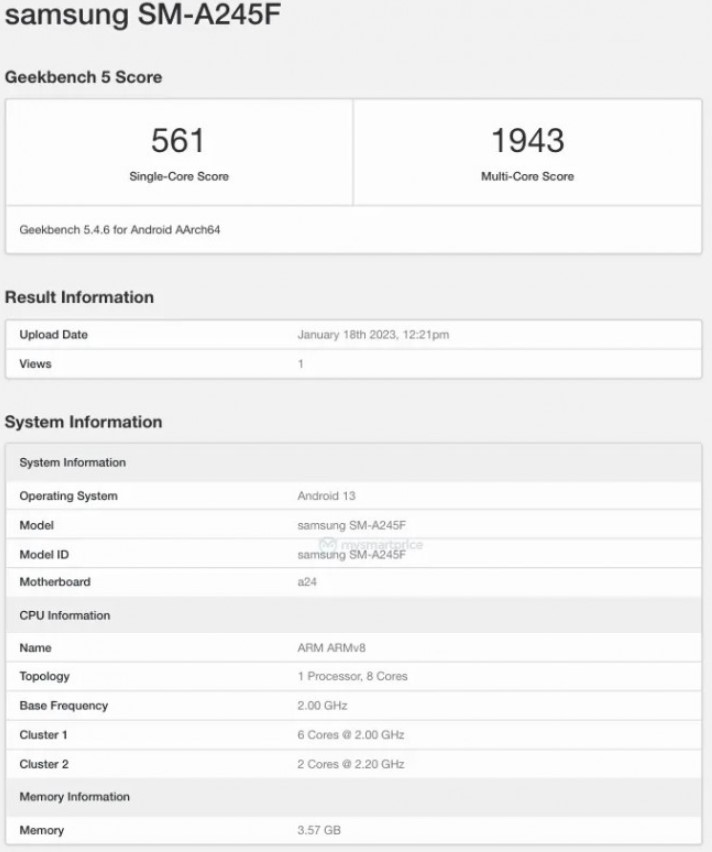  گوشی گلکسی A24 سامسونگ در بنچمارک Geekbench