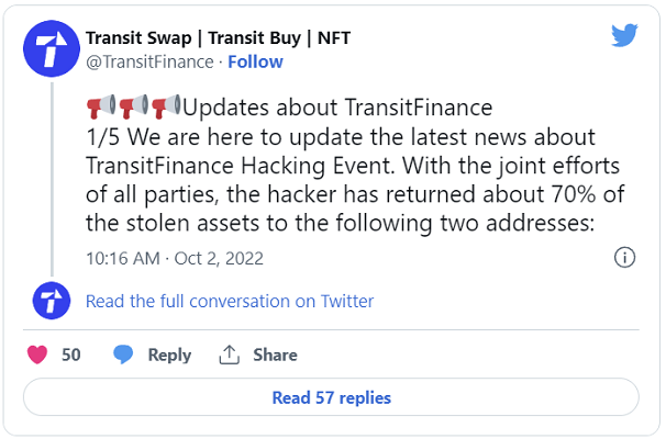 Transit-Swap-hacker-returns  رمزارزهای به سرقت رفته از صرافی غیرمتمرکز Transit Swap بازگردانده شد