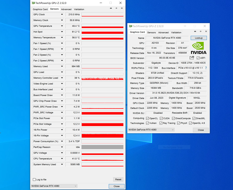 بررسی کارت گرافیک گیگابایت RTX 4080 info idle