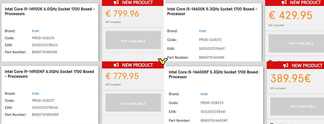 قیمت غیر رسمی  Core i9-14900K و Core i5-14600K به یورو