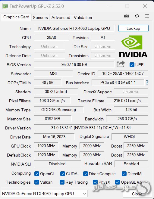 بررسی لپ تاپ کاتانا 15 Gpu-z
