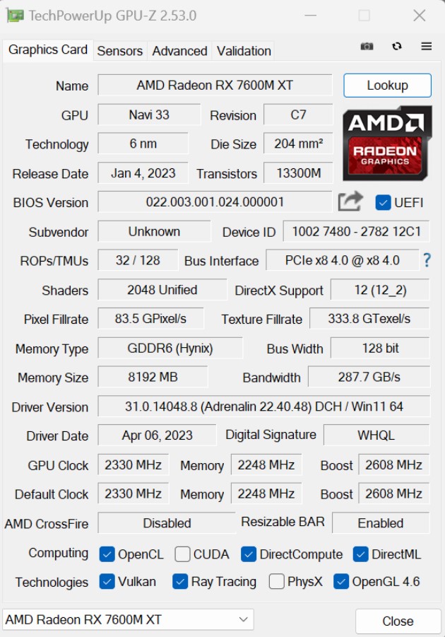 مشخصات کارت گرافیک Radeon RX 7600M XT
