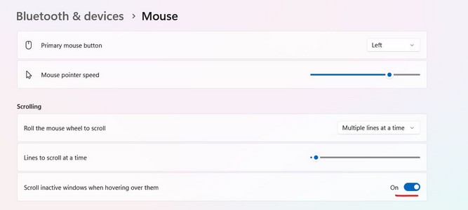 تنظیم Scroll Inactive Windows - مشکل کار نکردن موس در ویندوز 10