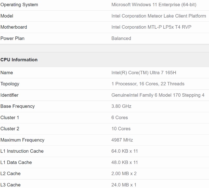 مشخصات پردازنده Core Ultra 7 165H اینتل