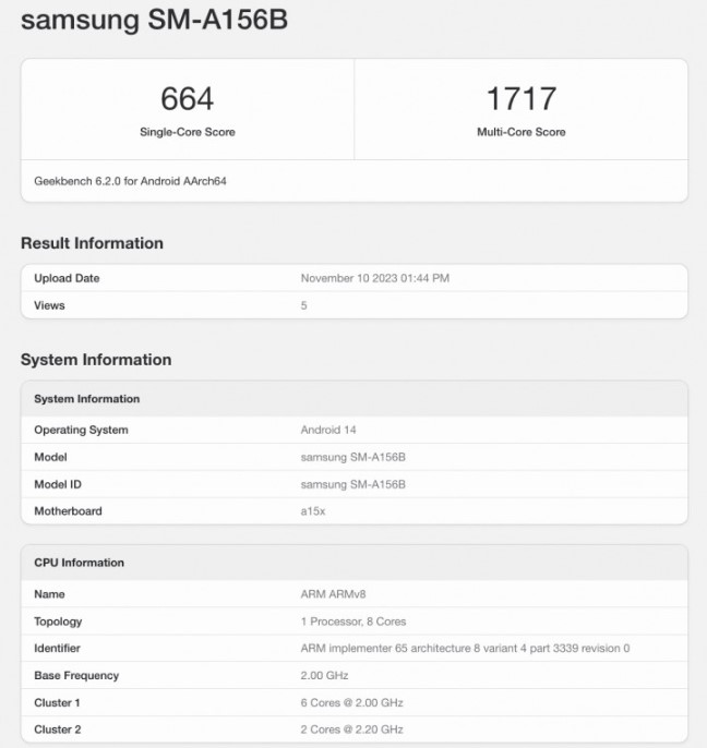 افشای مشخصات گلکسی A15 5G در بنچمارک GeekBench