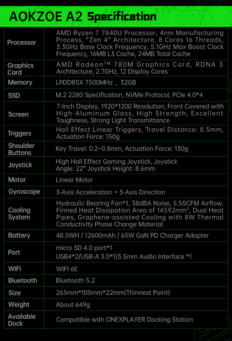 سایر مشخصات کنسول گیمینگ AOKZOE A2