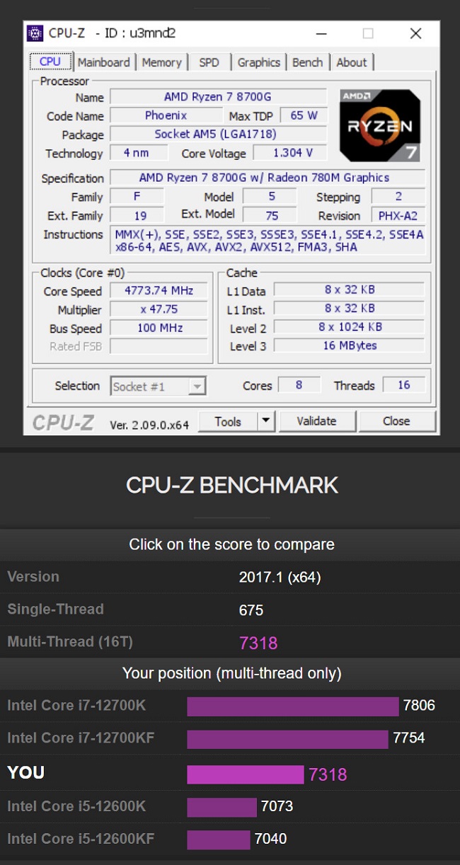 عملکرد مناسب Ryzen 7 8700G در اپلیکیشن CPU-Z
