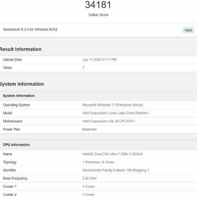 امتیاز پردازنده Core Ultra 7 258V