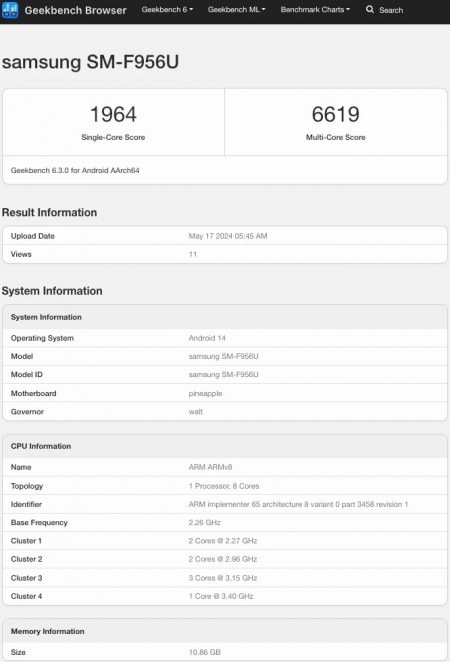 گلکسی زد فولد 6 در پایگاه بنچمارک Geekbench 6