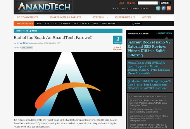 آخرین پست در وب‌سایت AnandTech