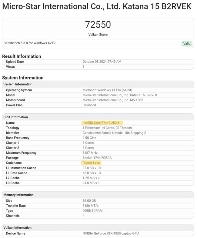 نتایج Geekbench لپتاپ MSI Katana 15 B2RVEK