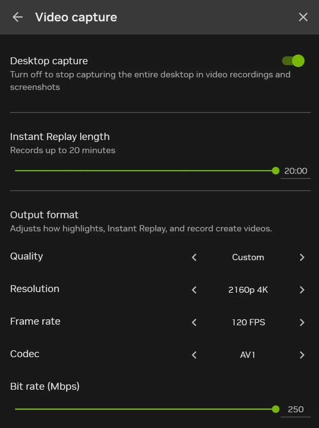 تنظیمات ظبط ویدئو در Nvidia App