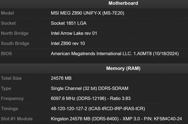 مشخصات ثبت شده از ثبت رکورد سرعت حافظه رم MSI