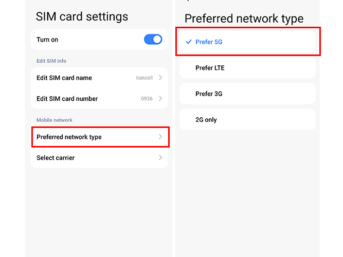 تنظیم کردن اینترنت 5G در گوشی