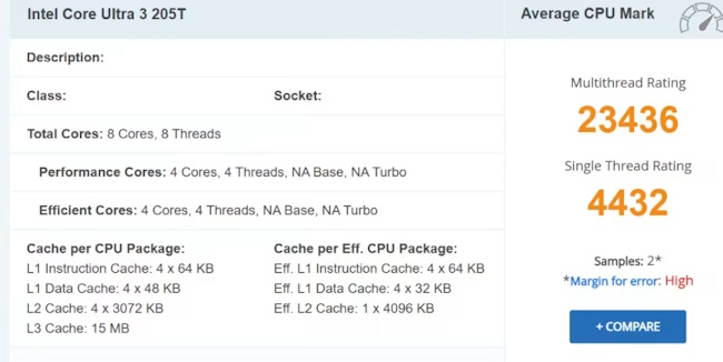 بنچمارک  Core Ultra 3 205T