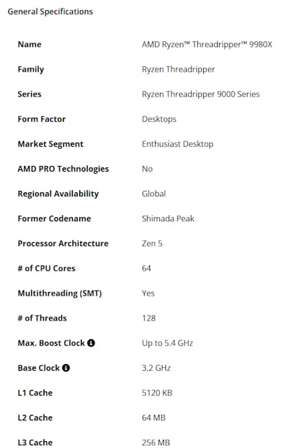 مشخصات کامل پردازنده Ryzen Threadripper 9980X