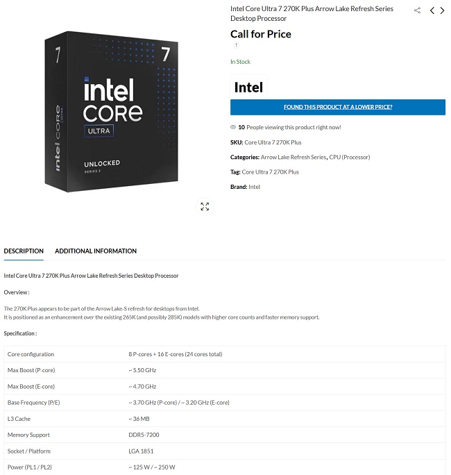 مشخصات پردازنده Core Ultra 7 270K Plus اینتل