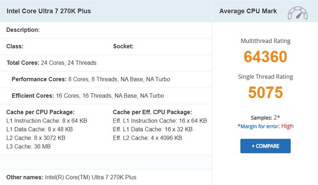 بنچمارک پردازنده Core Ultra 7 270K Plus اینتل
