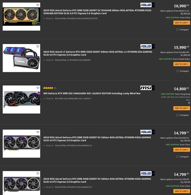قیمت نسخه های مختلف کارت گرافیک RTX 5090 FE