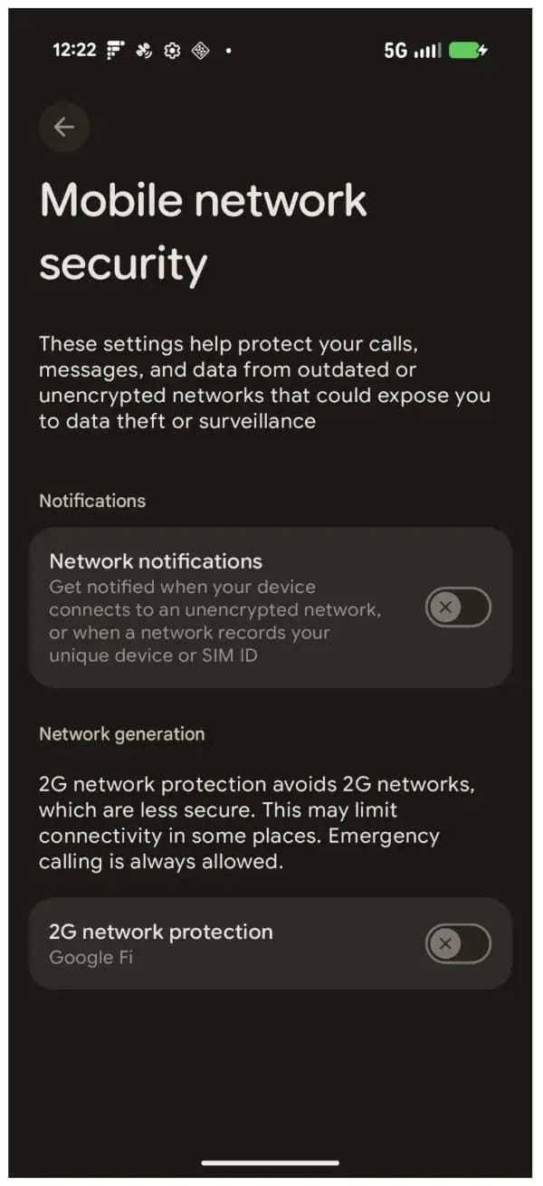 تنظیمات Mobile Network Security