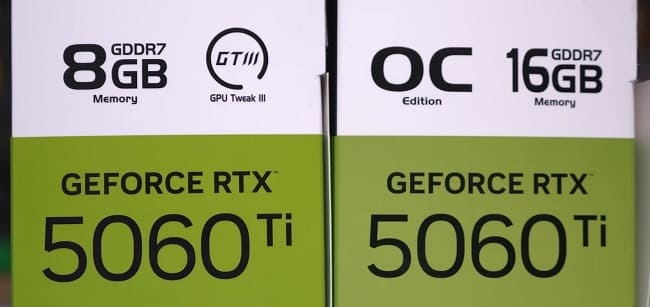 جعبه مدلها 8 گیگابایتی و 16 گیگابایتی RTX 5060 Ti در کنار هم