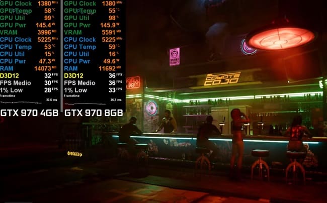 تفاوت عملکرد نسخههای ۴ و ۸ گیگی GTX 970 در سایبرپانک ۲۰۷۷