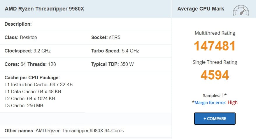 امتیاز چند هسته‌ای Threadripper 9980X در PASSMARK