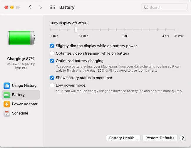 تنظیماات باتری macOS