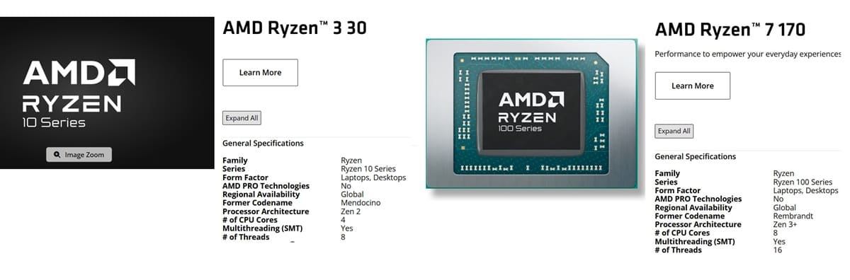 مشخصات پردازنده‌های جدید در وبسایت AMD