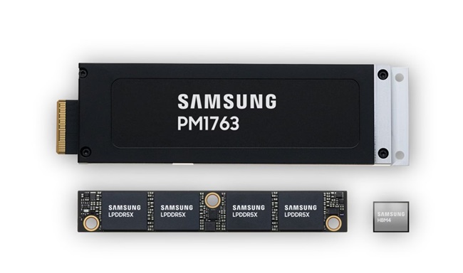 حافظه SSD سامسونگ در کنار ماژول SOCAMM2 و تراشه حافظه HBM4