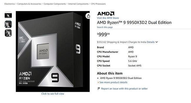 قیمت 1000 دلاری پردازنده Ryzen 9 9950X3D2 در آمازون