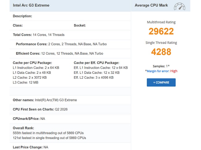 مشخصات و نتایج بنچمارک تراشه Arc G3 Extreme