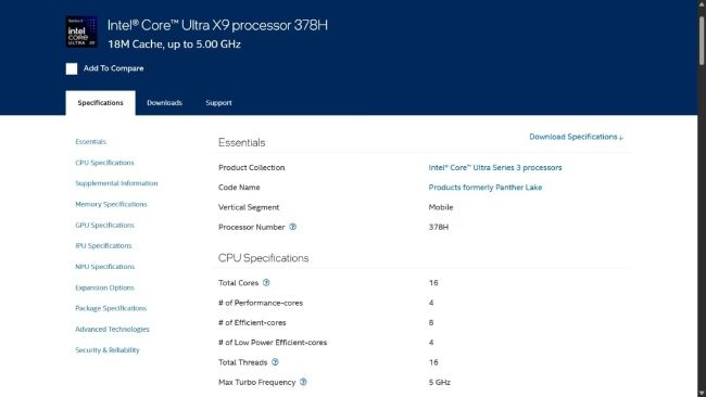 مشخصات پردازنده Core Ultra X9 378H