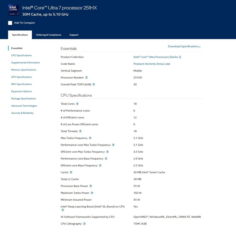جدول مشخصات پردازنده Core Ultra 7 251HX