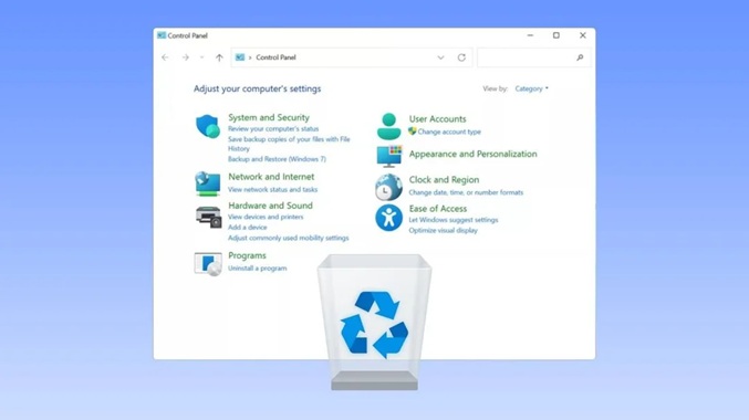 لوگوی کنترل پنل ویندوز در کنار آیکون اپلیکیشن Recycle Bin