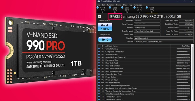 محیط نرم‌افزار CrystalDiskInfo 9.9.0 در حال نمایش هشدار تقلبی بودن یک SSD سامسونگ