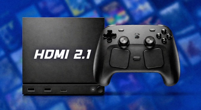 لوگوی شرکت AMD و استیم ماشین در کنار کابل و پورت HDMI 2.1
