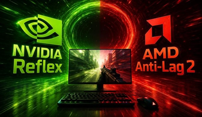 لوگوی انویدیا و AMD‌در کنار فناوری‌های Reflex 2 و Anti-Lag 2