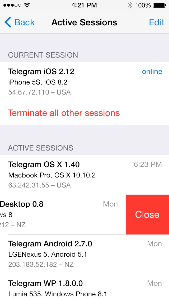 صفحه نشست‌های فعال در Telegram