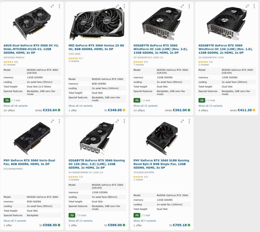 rtx 3060 در لیست فروشگاه‌های آنلاین